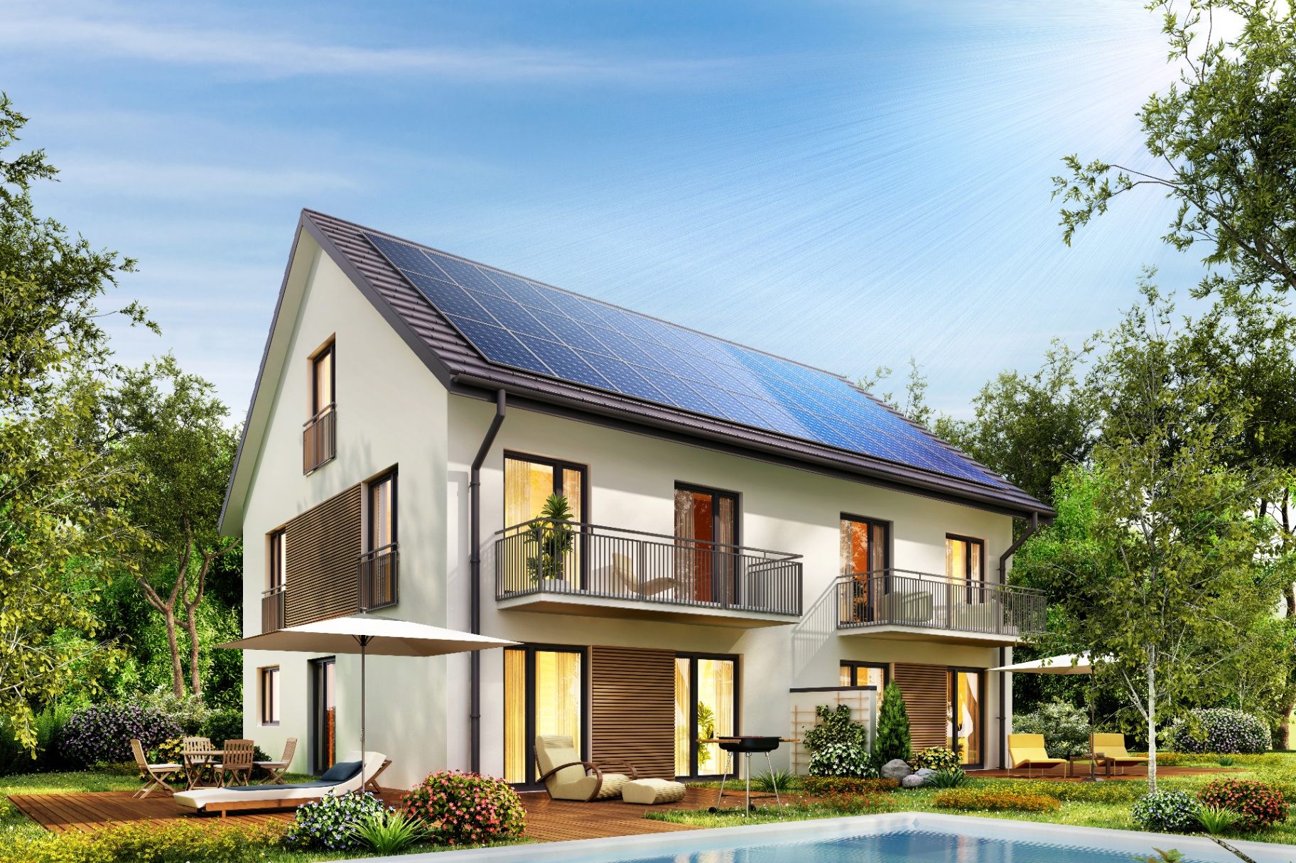 Schéma d'une maison autonome combinant solaire, batterie et pompe à chaleur